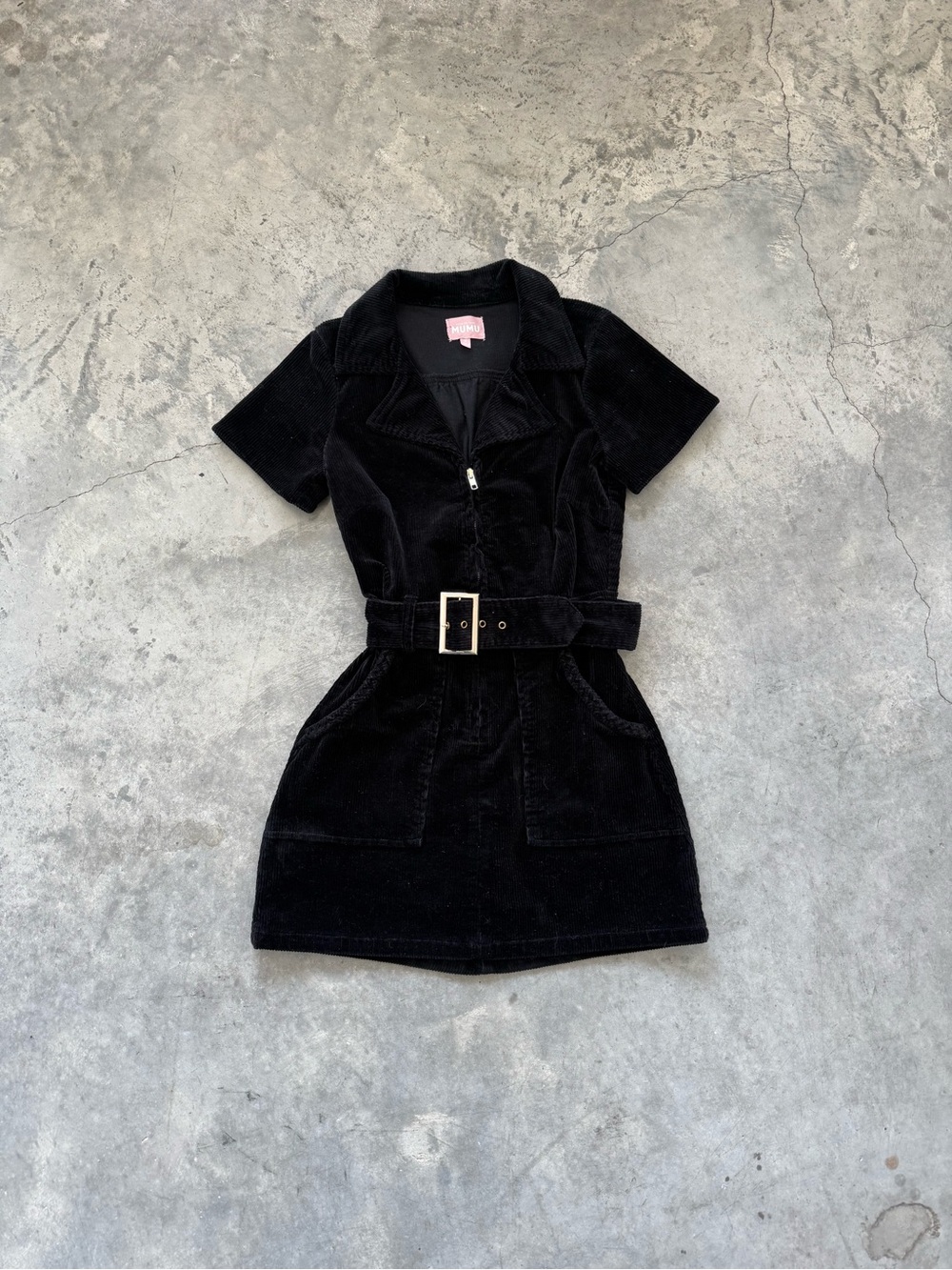 Show Me Your MuMu Black Short-Sleeve Corduroy Belted Mini Dress